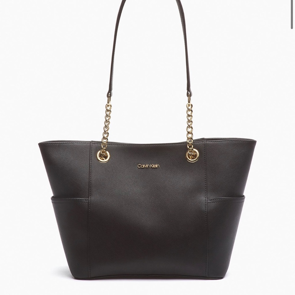 Saffiano Leather Chain-Trimmed Tote Bag